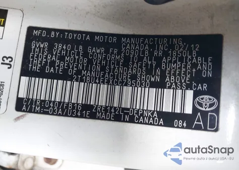 2012 Toyota Corolla Le from USA, damaged, VIN 2T1BU4EEXCC795030